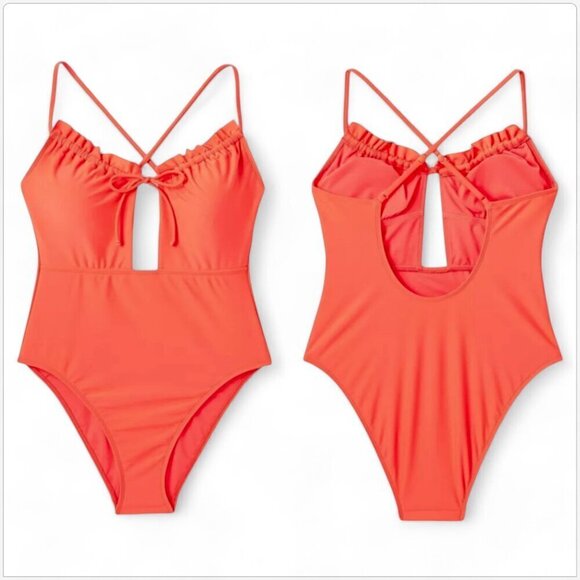 Shade & Shore Orange Red Cutout Front Detail Ruffle One Piece Swimsuit NWT NEW M - Picture 2 of 5